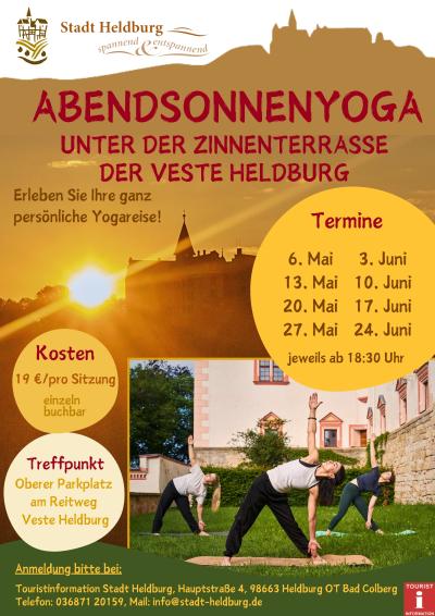 Plakat Abendsonnenyoga unter der Zinnenterrasse der Veste Heldburg Mai Juni 2025