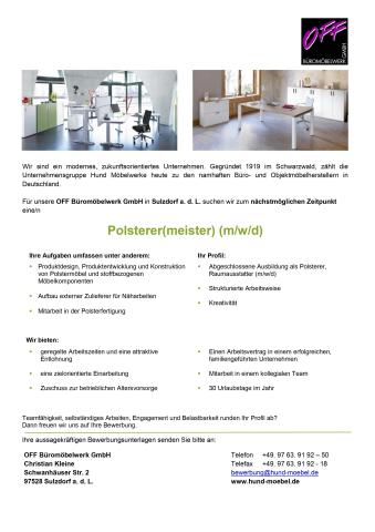 Stellenanzeige Polsterer(meister) Hund Möbelwerke GmbH & Co.KG