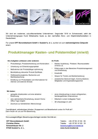 Stellenanzeige Produktmanager Kasten- und Polstermöbel Off Büromöbelwerk GmbH