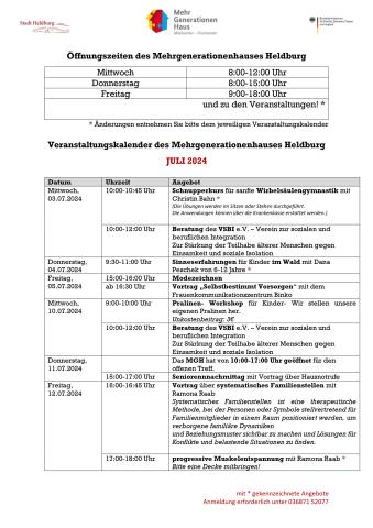 Veranstaltungskalender des Mehrgenerationenhauses Heldburg Juli 2024