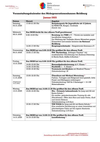 Veranstaltungskalender MGH Heldburg Januar 2025 Seite 1